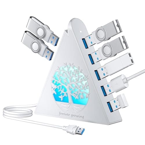 Image of JoyReken 7-Port USB 3.0 Hub, White Vertical USB Hub Splitter with Tree-Shaped RGB Lighting, 5Gbps High-Speed Transfer, 2FT Extension Cable, Compatible with PC, MacBook, Laptop, Flash Drive, Printer
