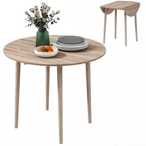 Image of HOMCOM Folding Dining Table for 4, Round Drop Leaf Table, Modern Space Saving Small Kitchen Table with Wood Legs for Dining Room, Natural