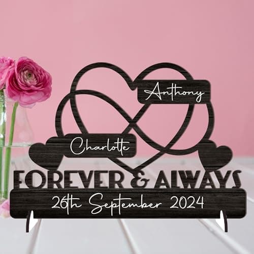 Image of Personalised Forever & Always Infinity Heart Sign Wedding Anniversary Sign - Customised with Couple's Names and Marriage Date - Gift for Him, Her, and Couples - 20cm x 13cm (Black Wood Effect)