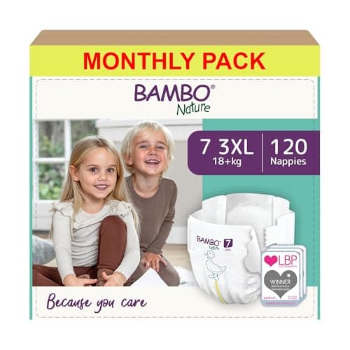 Image of Bambo Nature Nappies Size 7 (18+kg), Box of 120 Disposable Nappies, Eco Nappy with Enhanced Leakage Protection, Secure Baby Nappy, Skin-Friendly for Ultimate Comfort