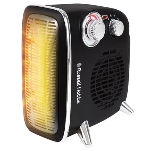 Image of Russell Hobbs 1800W/1.8KW Vertical/Horizontal Retro Fan Heater with Variable temperature thermostat in Black, 2 Heat Settings, Overheat Protection, 20m² Room Size, RHRETHFH1001B with 2 Year Guarantee