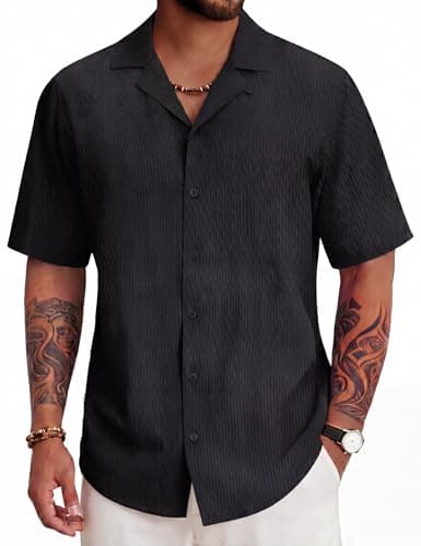 Image of TACVASEN Mens Short Sleeved Shirts Casual Lightweight Button Up Textured Shirt Summer Cuban Shirt Black S