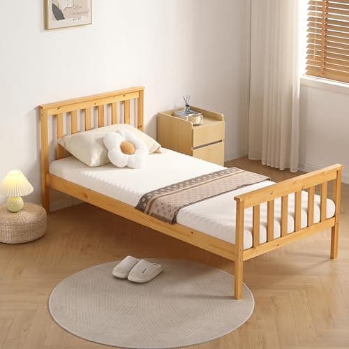 Image of COMFY LIVING 3ft Single Bed Frame, Atlantis Style Wooden Single Bed for Adults Kids Teenagers, High Footboard, Pine Wood, Caramel (No Mattress)