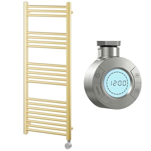 Image of Go Bathrooms Nola 1200 x 500mm Electric Heated Towel Rail Gold Smart Bathroom Radiator Wall Mounted Ladder Rack Energy Efficient Electric Towel Warmer 300 Watts