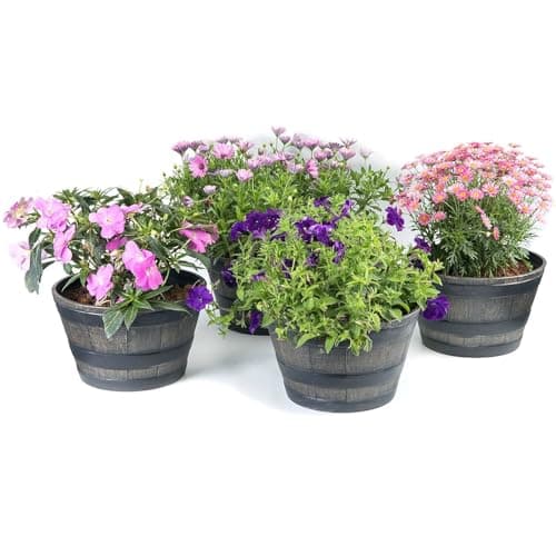 Image of Faboer Pack of 4 x Half Barrel Flower Planter Pot Wooden Oak Effect Outdoor Decoration Home Garden