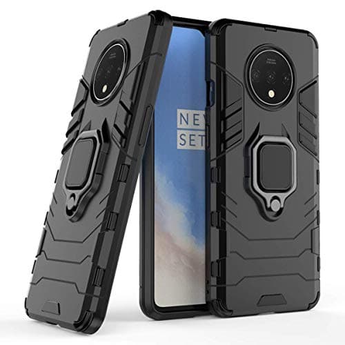 Image of LuluMain Compatible with OnePlus 7T Case, Metal Ring Grip Kickstand Shockproof Hard Bumper Shell (Works with Magnetic Car Mount) Dual Layer Rugged Cover for OnePlus7T (Black)