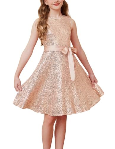 Image of GRACE KARIN Girls' Glitter Sequin Dress Round Neck A-Line Sleeveless Party Dress Rose Gold 6 Years