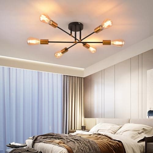 Image of ANWIO Modern 6 Golden Head Sputnik Light,Matte Black Adjustable Sputnik Chandeliers 6 Lights with E27 Base, Industrial-Type Chandelier for Bedroom,Dining,Living Room,Kitchen(NO Bulb)