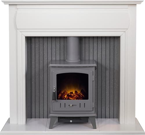 Image of Adam Florence Stove Fireplace in Pure White with Aviemore Electric Stove in Grey Enamel, 48 Inch