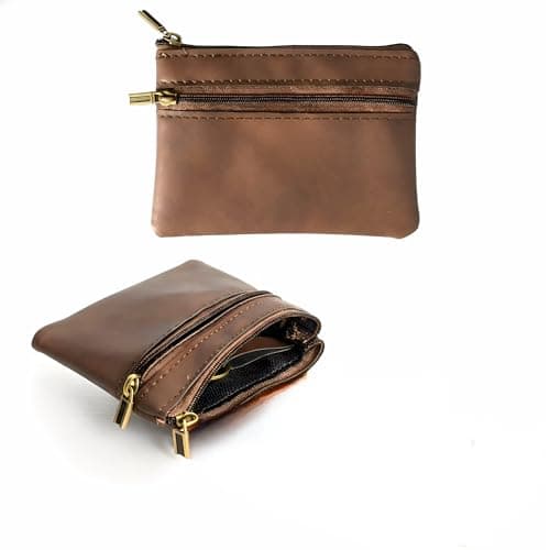 Image of Merzio Leather Coin Purse for Men, Mens Purse with 2 Zipper Pockets, Small Change Wallet Cash Holder, Key Pouch Money Bag (Brown)