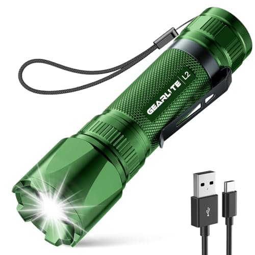 Image of GEARLITE LED Torch Rechargeable, 3500LM Torches LED Super Bright with Clip Adjustable Focus, 3 Lighting Modes Waterproof Small Torch for Power Cuts, Emergency, Camping, Hiking, Outdoor(Green)