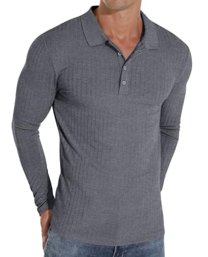 Image of Sailwind Polo Shirts for Men Long Sleeve Tshirts Slim Fit Casual Shirts Classic Stretch Tops Golf Tee (Dark Grey, M)