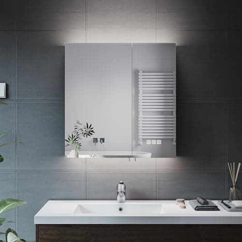 Image of ELEGANT LED Mirror Cabinet with Bluetooth Bathroom Cabinet with Shaver Socket Black Double Door Wall Cabinets with Three-color Infinitely Dimmable and Demister Pad 630 x 650mm