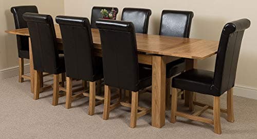 Image of OakFurnitureKing Solid Oak Extending Dining Table & Chairs Set 8 Seater Kitchen Dining Set – Richmond 200-280 cm Extendable Table & Washington Upholstered Black Leather Chairs, Wooden Furniture