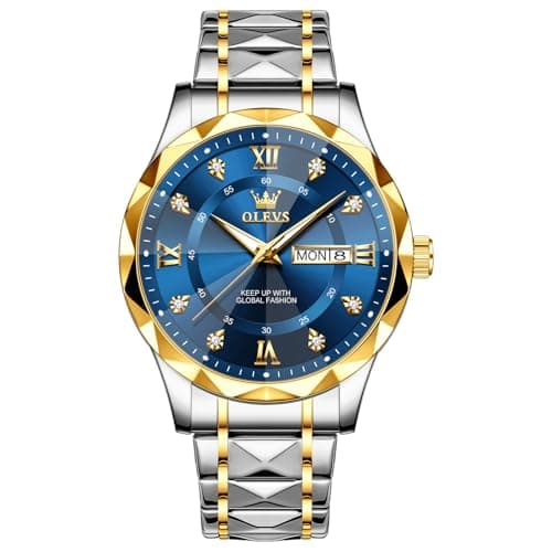 Image of OLEVS Watches for Men Stainless Steel Band Analog Quartz Gold Silver Roman Numerals Men's Watches Luxury Diamond Waterproof Day Date Blue Mens Wristwatch Business Luminous Dress Watch for Mens