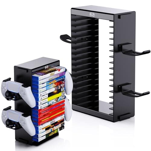Image of Lomffy Video Game Storage Tower, Universal Game Storage Tower PS5/PS4/Xbox One/Xbox Series S/Xbox X/wii/Switch/Switch2 DVD and Blu-Ray Disks Organizer, Stores 19 Game, with 4 Controller Holders