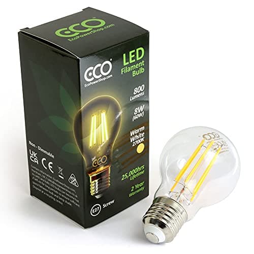 Image of ECO 60W Energy Saving Light Bulb, Low Energy 8W LED Filaments, Bright 800 Lumen, Clear Glass, Warm White (2700K), E27 Standard UK Edison Screw (ES), 25000Hrs Lifetime.