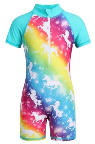 Image of AmzBarley Girls Swimming Costume Kids One Piece Swimsuit Swimwear Zipper Swimsuits Short Sleeve Surfing Rash Guard Rainbow Age 5-6 Years Size 120
