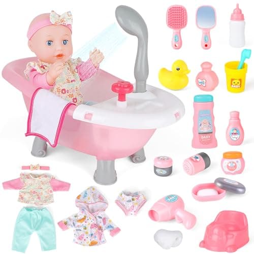 Image of deAO Baby Doll Bath Play Set with Working Bathtub & Bath Accessories, Interactive Baby Born Bath Toys with Doll Clothes, Baby Doll Accessory for 3+ Years Old Girls