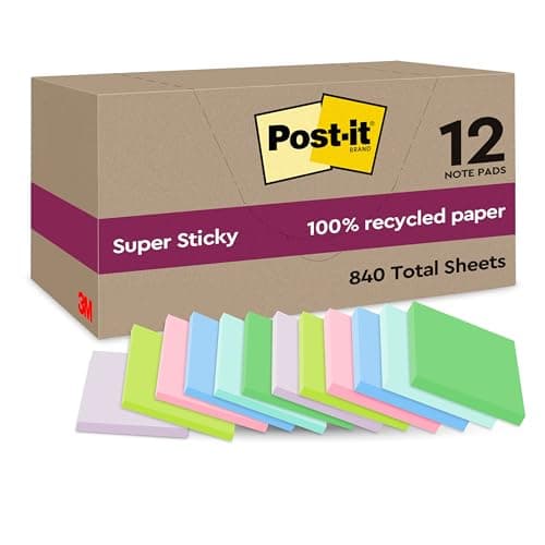 Image of Post-it Super Sticky 100% Recycled Notes, Pack of 12 Pads, 70 Sheets per Pad, 47.6 mm x 47.6 mm, Pink, Green, Blue, Purple, Yellow - Extra Sticky Notes Made from 100% Recycled Paper
