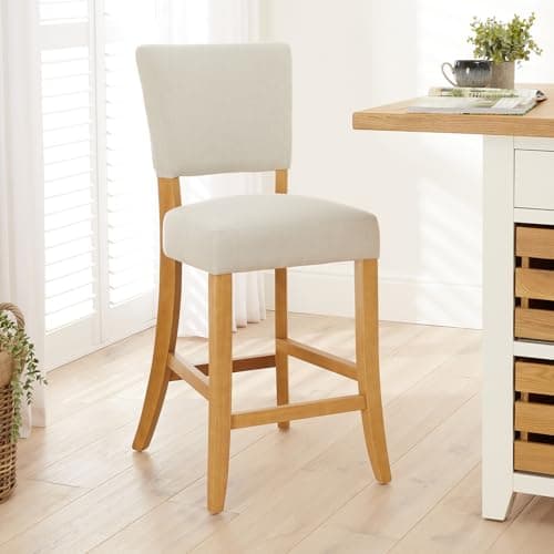 Image of The Furniture Market Manor Oak Natural Linen Fabric Bar Stool | French Inspired Open Back Design | Natural Oak Hardwood Frame | Padded Seat | Kitchen Counter Stool | H 1035m x W 475mm x D 560mm