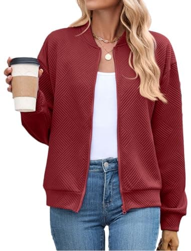 Image of PANOZON Women's Full Zip Bomber Jacket Lightweight Baseball Jackets Ladies Fall Zipper Coat Casual Long Sleeve Sportwear Tops Pink L