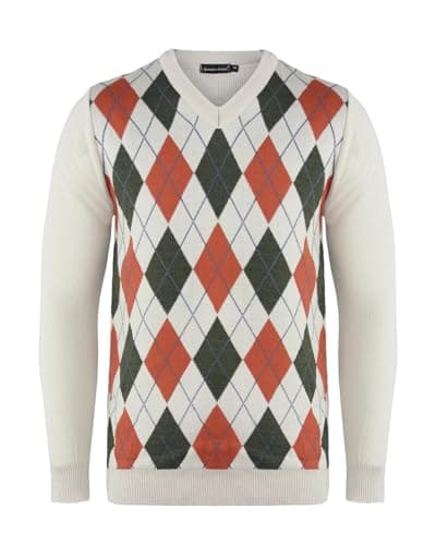 Image of Generation Fashion New Men Knitted Long Sleeve V-Neck Argyle Pattern Jumper Top Sweater with Ribbed Edge S-XXL[Stone-Rust,L ]