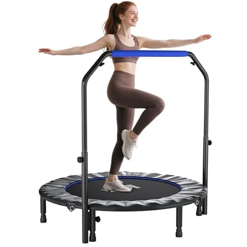 Image of HOMCOM 48" Foldable Mini Trampoline Fitness Trampoline Rebounder for Adults with Adjustable Foam Handle, for Indoors, Outdoors, Cardio Training, Blue