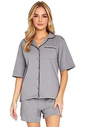 Image of CityComfort Womens Pyjamas Set 2 Pcs Short Button Down PJs Comfy Classic Soft Loungewear Summer Nightwear Gifts for Women (M, Grey)