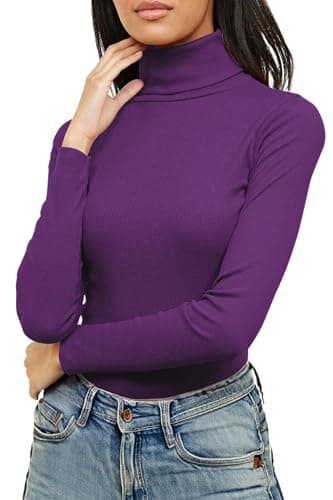 Image of Re Tech UK Ladies Plain Ribbed Cotton Polo Turtle Roll Neck Tunic Top Jumper Full Sleeve, Purple, S/M 8-10