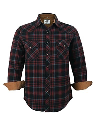 Image of COEVALS CLUB Mens Flannel Shirt Long Sleeve Checked Snap Cotton with Pocket Regular Fit Plaid Lumberjack Casual Work Shirt (Russet Brown Black #6 M)