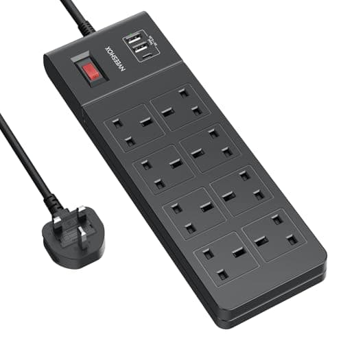 Image of NVEESHOX Black Extension Lead [13A 3250W], 8 Way Outlets Power Strip with 3 USB Ports, 2M Surge Protected Extension Lead with USB Slots, Multi Plug Extension Socket, Extension Cord for Home, Office