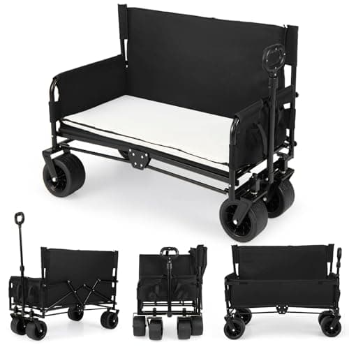 Image of COSTWAY 2-in-1 Wagon Bench Seat Combo, Collapsible Folding Trolley Cart with Adjustable Push/Pull Handle, Cushions & All-Terrain Wheels, Outdoor Transport Pull Along Carts for Camping Shopping (Black)