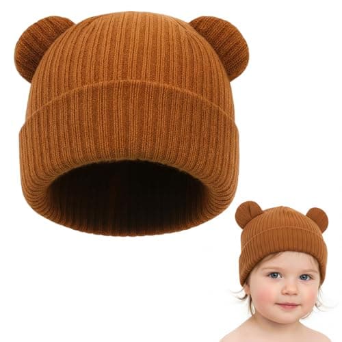 Image of GYTFOG Baby Beanie Hat, Soft Knit Cute Bear Ears Hat for Boys and Girls, Warm Toddler Beanie Hat for Toddler Boys Girls Unisex Brown