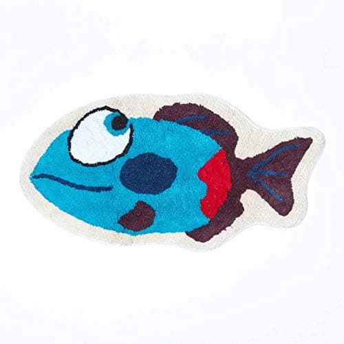 Image of HOMESCAPES - 100% Cotton Tufted Blue Fish Rug 40 x 75 cm Children's Rug