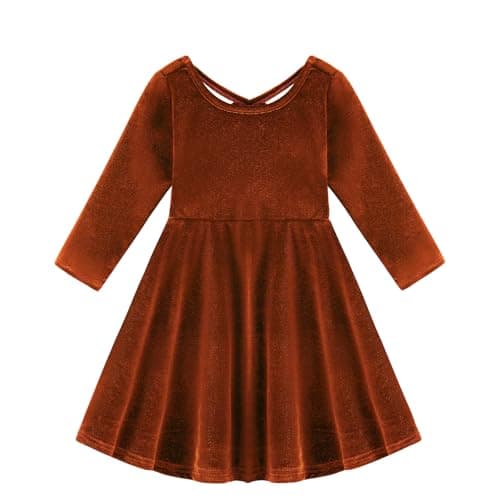 Image of Miyanuby Toddler Girl Fall Winter Clothes Outfit Baby Girl Velvet Twirl Princess Dress Long Sleeve Pocket Swing Party Dress for Baby Girls Burnt Orange