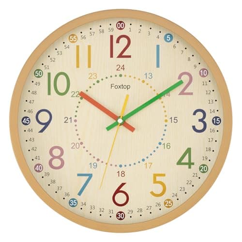 Image of Foxtop 24 Hour Kids Wall Clock 12 Inch, Silent Non-Ticking Analogue Teaching Clock for Children, Colourful Educational Learning Clock with Wood Grain Frame for Classroom Playroom Nursery Bedroom Decor