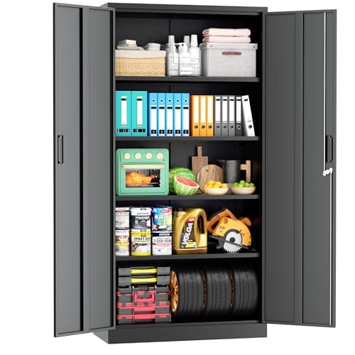 Image of Superday 71'' Lockable Steel Storage Cabinet, Locking Metal Storage Unit with 2 Doors and 4 Adjustable Shelves for Garage, Home Office, Classroom, Pantry, File, Easy Assemble