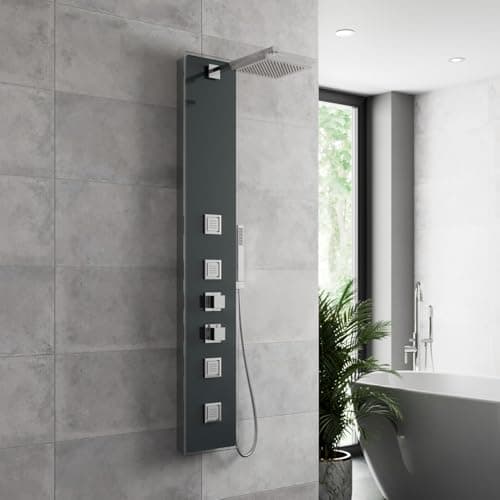 Image of Architeckt® Thermostatic Shower Tower Column Panel, Three Function 3-in1 System with Rainfall Head Handset 4 Body Jets Showers Square, Grey Glass
