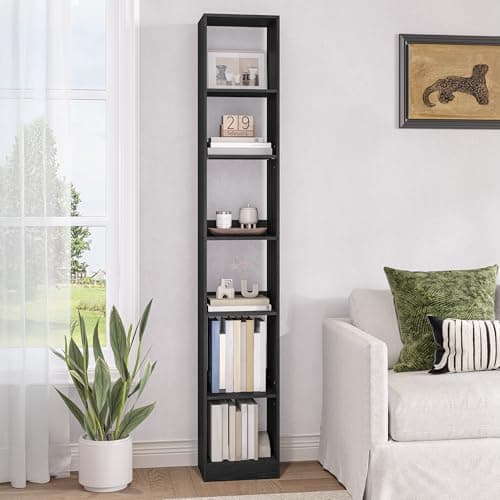 Image of Hzuaneri Bookcase, Tall Narrow Bookshelf, White Wooden Bookcase with Open Storage Shelf, for Living Room, Home Office, Bedroom, 6-Tier, Black, BC09604X