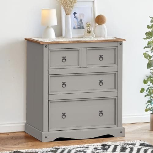 Image of Mercers Furniture Corona Grey Painted Wax Compact 2+2 Chest Of Drawers Solid Wood Pine Wooden Bedroom Storage 4 Drawer Mexican Style 90cm High 82cm Wide 40cm Deep