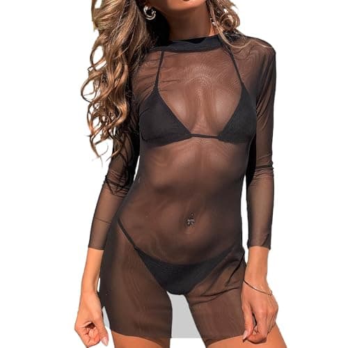Image of Women's See Through Beach Coverups, Long Sleeve Round Neck Mesh Bodycon Skirt for Bikini Set, Holidays, Nightwear (Black)