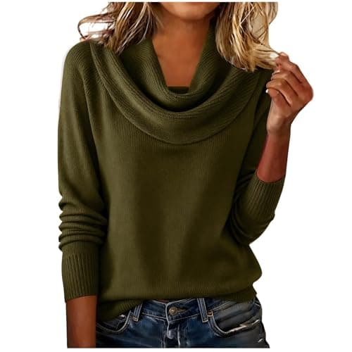 Image of Cowl Neck Jumpers for Women Warm Solid Color Knitted Sweaters Elegant Blouse Ladies Long Sleeve Pullover Tops High Neck Pullover Knitwear Winter Fall Clothing Turtleneck Sweater Army Green