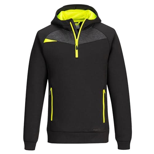 Image of Portwest DX467 DX4 1/4 Zip Hoodie Work Safety Outerwear Four Way Stretch Polyester Viscose Elastane Blend 330g Moisture Wicking Ergonomic Fit Secure Zip Pockets Hooded Durable Design, Black, L