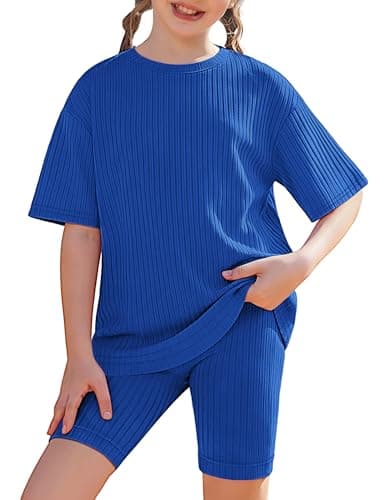 Image of Arshiner Girls 2 Piece Summer Outfits Short Sleeve Ribbed Knit Drop Shoulder T-Shirt and Shorts Set Soft Stretchy Casual Clothes Ages 11-12