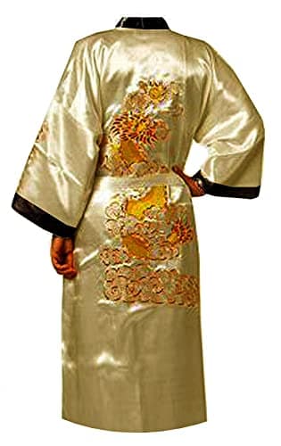 Image of GFM Chinese Mens or Unisex Dragon Design Dressing Gown Or Kimono (Creamy Gold-Large)