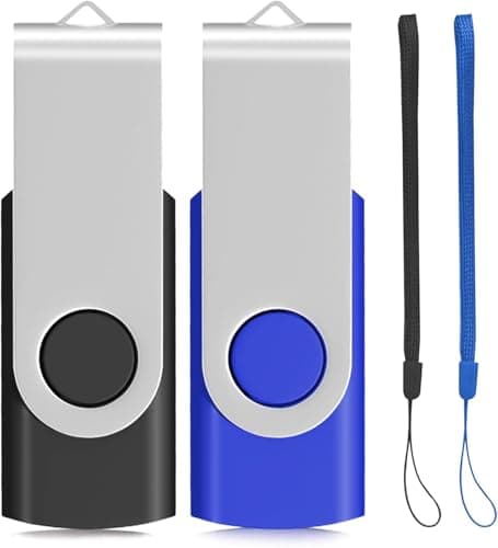 Image of 2Pack 8GB USB 2.0 Thumb Flash Drives Swivel Design Pen Memory Stick Fold Storage (Black/Blue With Lanyard)