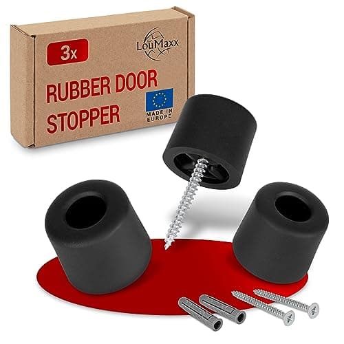 Image of LouMaxx Black Door Stop 3 Pack – Rubber Door stoppers for Floor Easy to Install – Screw Mounted for Stable Hold – Protects Walls and Furniture – Black TPE Rubber, with Screws and Plugs