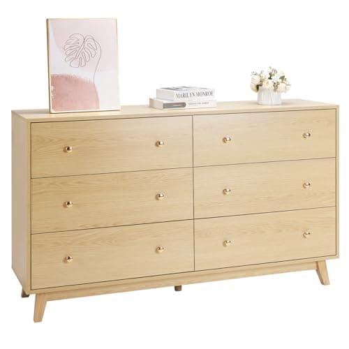 Image of VEVOR 6 Drawer Dresser, Wooden Chest of Drawers with Sliding with Anti-tip Device, Modern Minimalist Dresser Chest, Closet Storage Organizer for Living Room, Hallway, Bedroom, Entryway, Light Wood