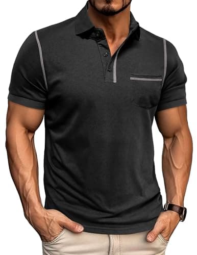 Image of Volemo Mens Short Sleeve Polo Shirts Golf Tops Casual Cotton Summer T-Shirts with Pocket Black 3XL